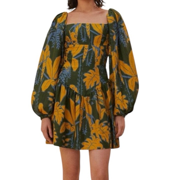 FARM Rio Dresses & Skirts - FARM RIO Foliage Sketch Green LongSleeve Linen MiniDress Tropical Lace-Up XL NWT